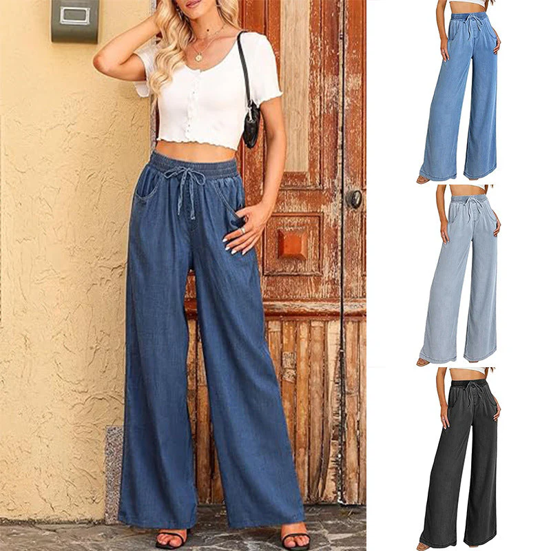 Damen Weite Jeanshose mit Elastischem Bund und Seitlichen Taschen Heidi-Mode