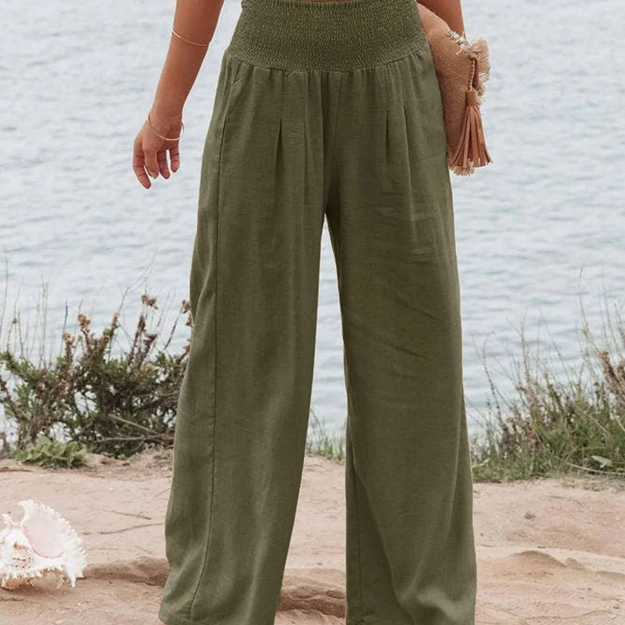 Damen Weite Leinenhose mit Elastischem Bund und Falten Heidi-Mode - Image 13