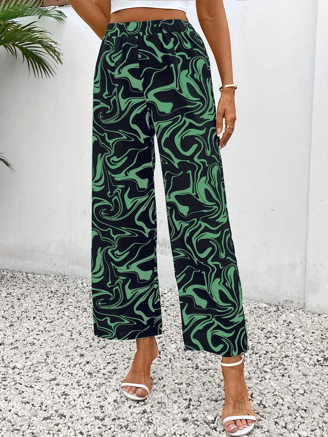 Damen Weite Palazzo-Hose mit Modernem Marmorprint und Elastischem Bund Heidi-Mode - Image 7