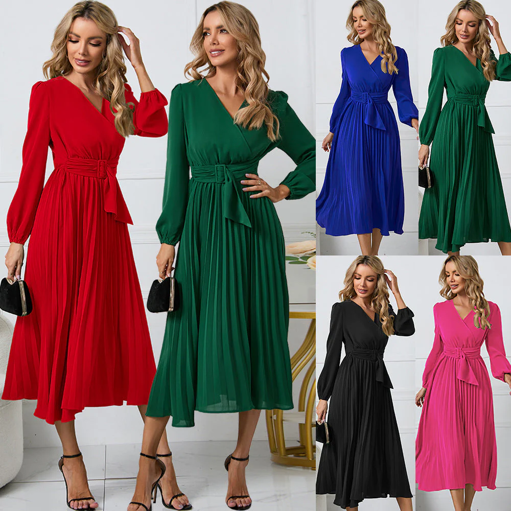 Damen Wickelkleid mit Plissee-Design und Eleganter Taillengürtel Heidi-Mode