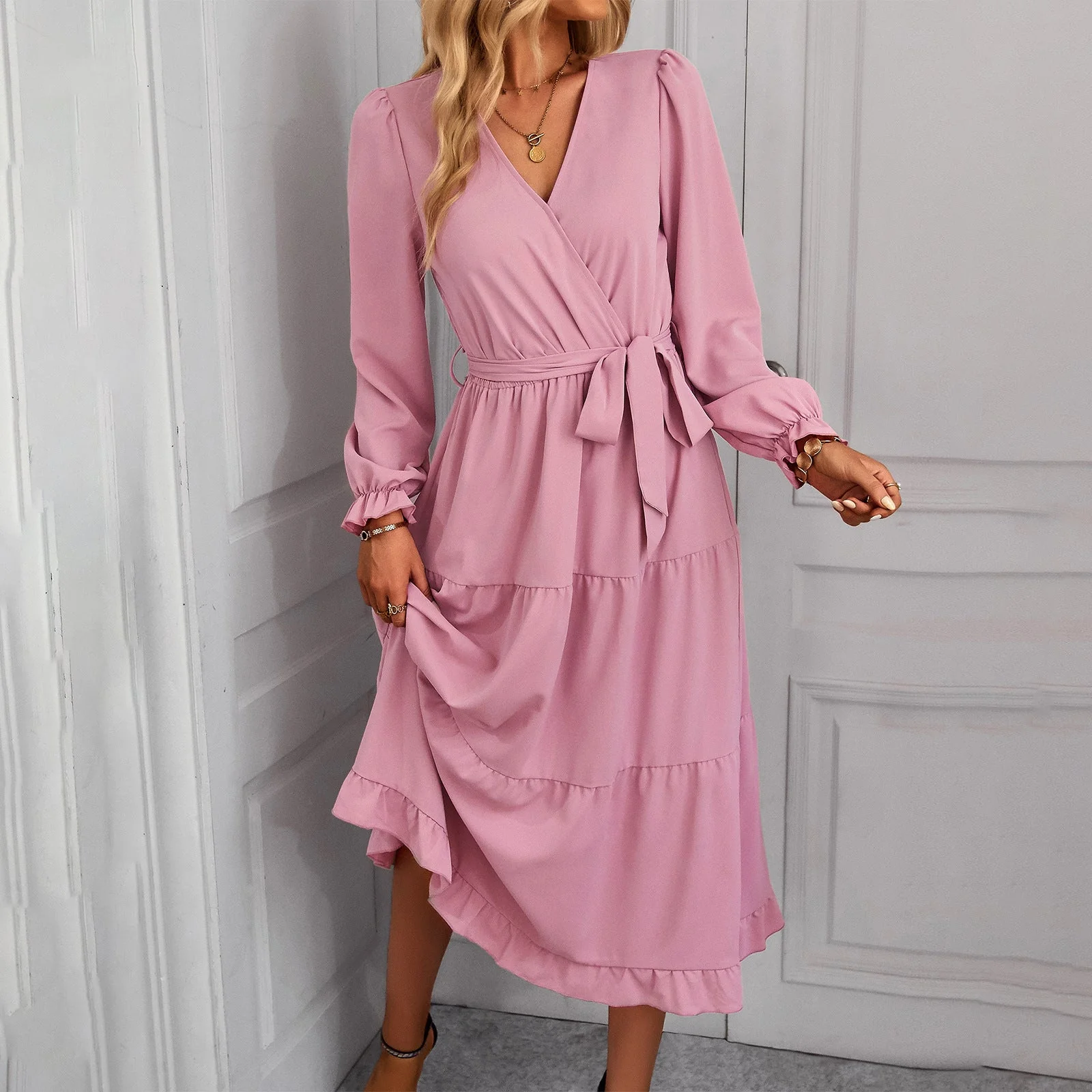 Damen Wickelkleid mit Rüschen und Taillengürtel Heidi-Mode - Image 3