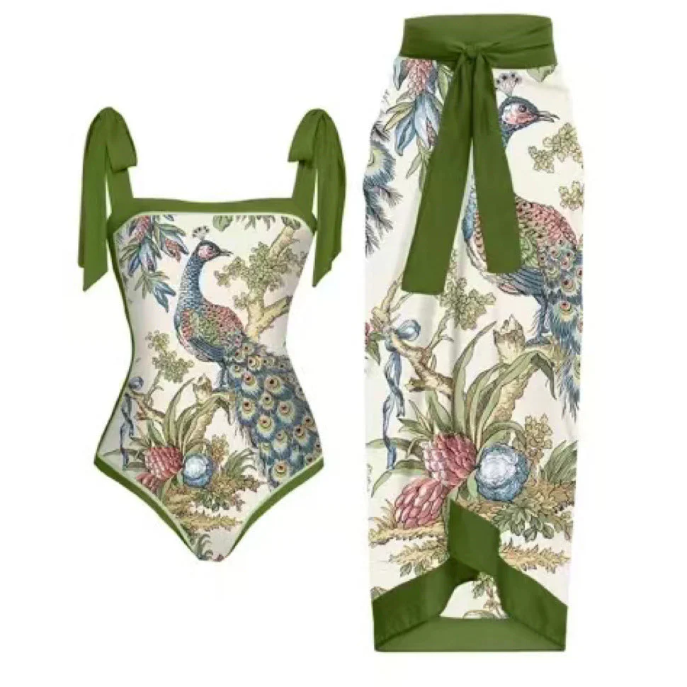 Damen Wickelrock mit Floralen Motiven und Eleganter Schleifen-Applikation Heidi-Mode