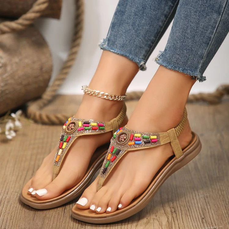 Damen Zehentrenner-Sandalen mit Buntem Schmuckdetail und Bequemer Fußbettgestaltung Heidi-Mode