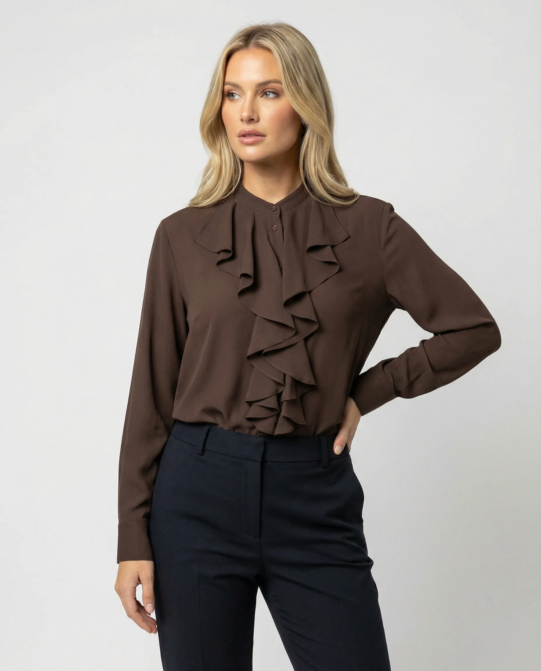 Elegante Damen Bluse mit Rüschenkragen Französischer Stil Braun Langarm - Image 3