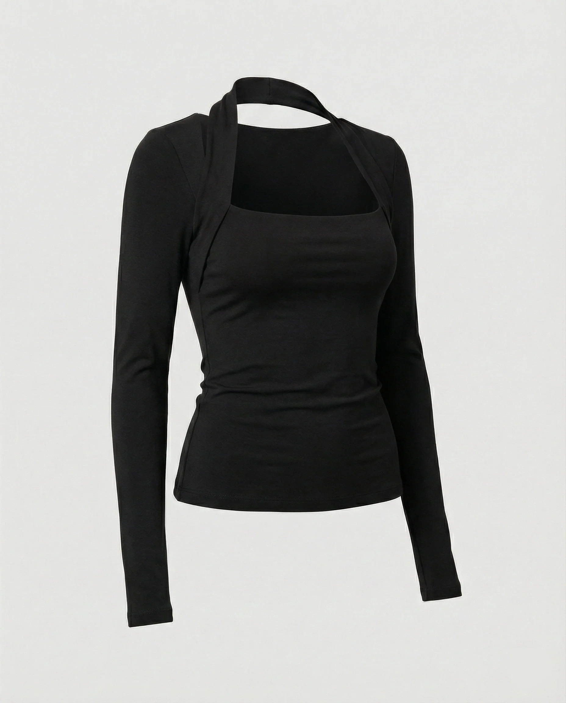 Enganliegendes Damen Langarmshirt Schwarz Herbst Slim Fit T-Shirt Oberteil - Image 4