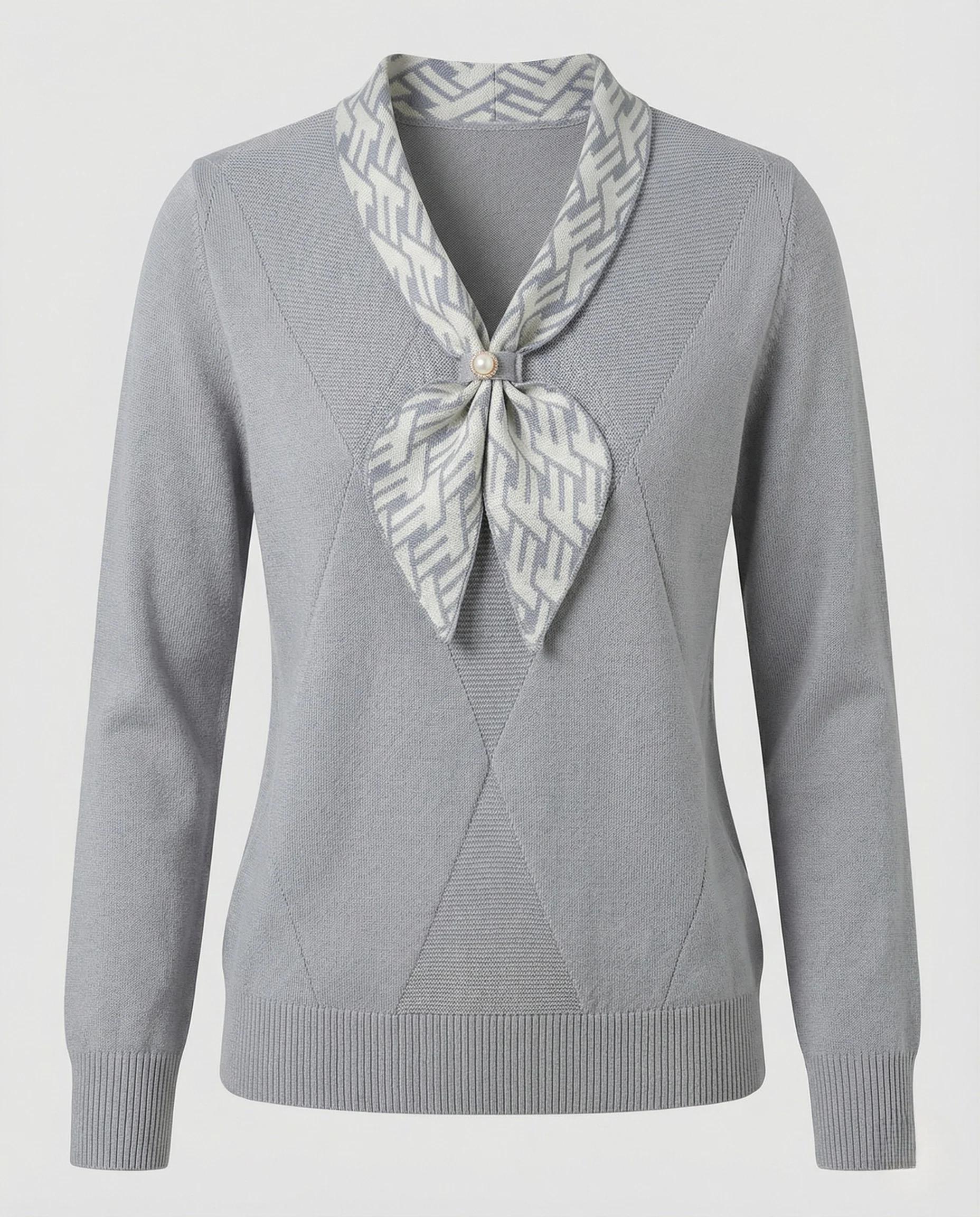 Feinstrickpullover mit integriertem Schleifenkragen, Perlenbrosche und Rautendekor - Image 5