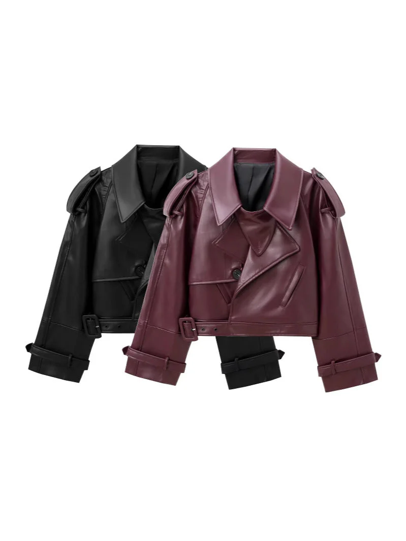 Damen Cropped Leder Motorradjacke mit Asymmetrischem Revers Heidi-Mode