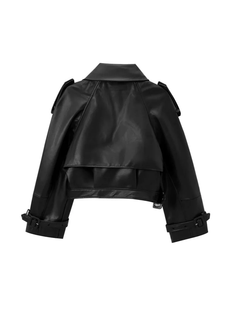 Damen Cropped Leder Motorradjacke mit Asymmetrischem Revers Heidi-Mode - Image 5