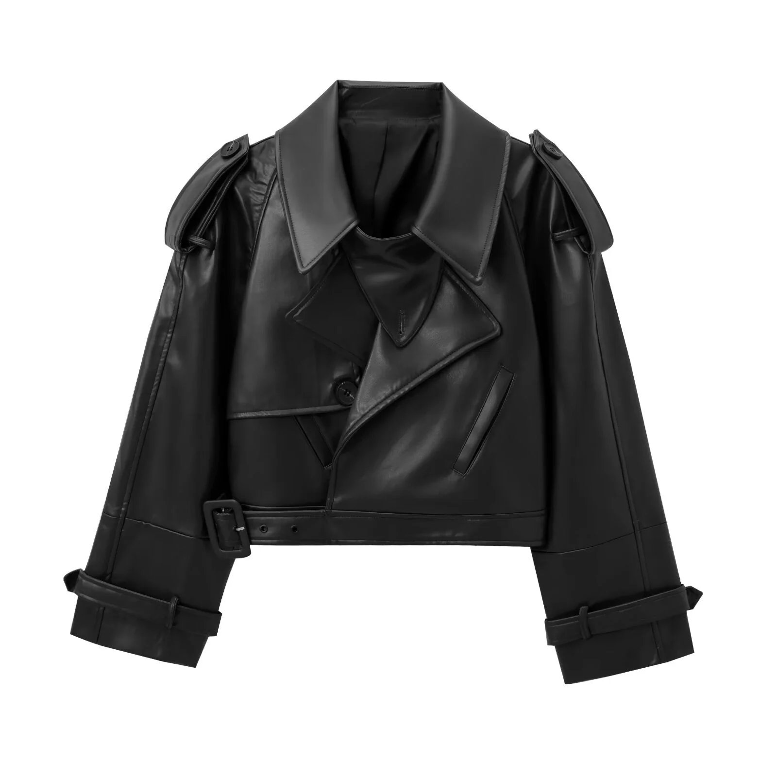 Damen Cropped Leder Motorradjacke mit Asymmetrischem Revers Heidi-Mode - Image 6
