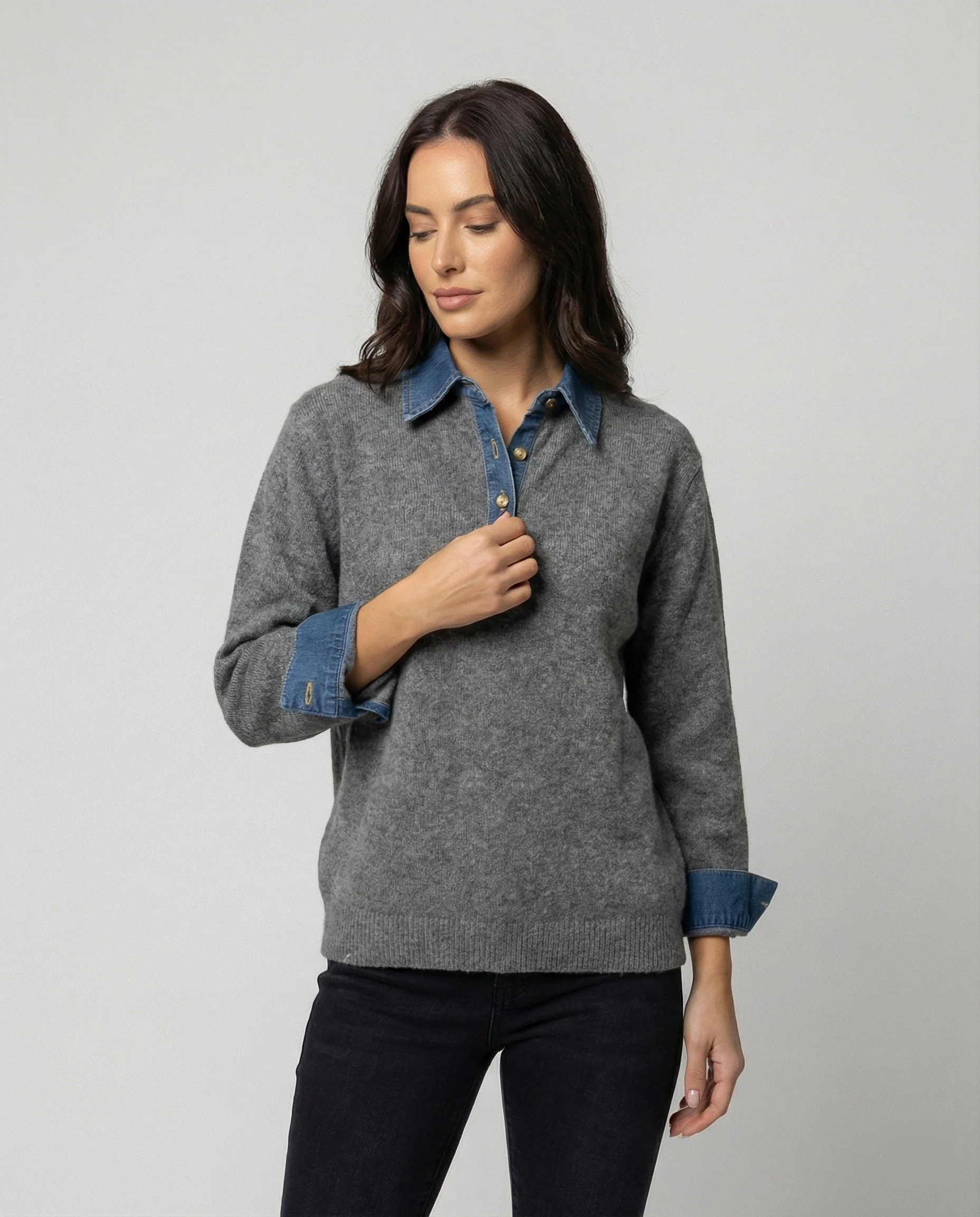 Französisches Denim Patchwork Oberteil für Damen im schicken Lagen-Look