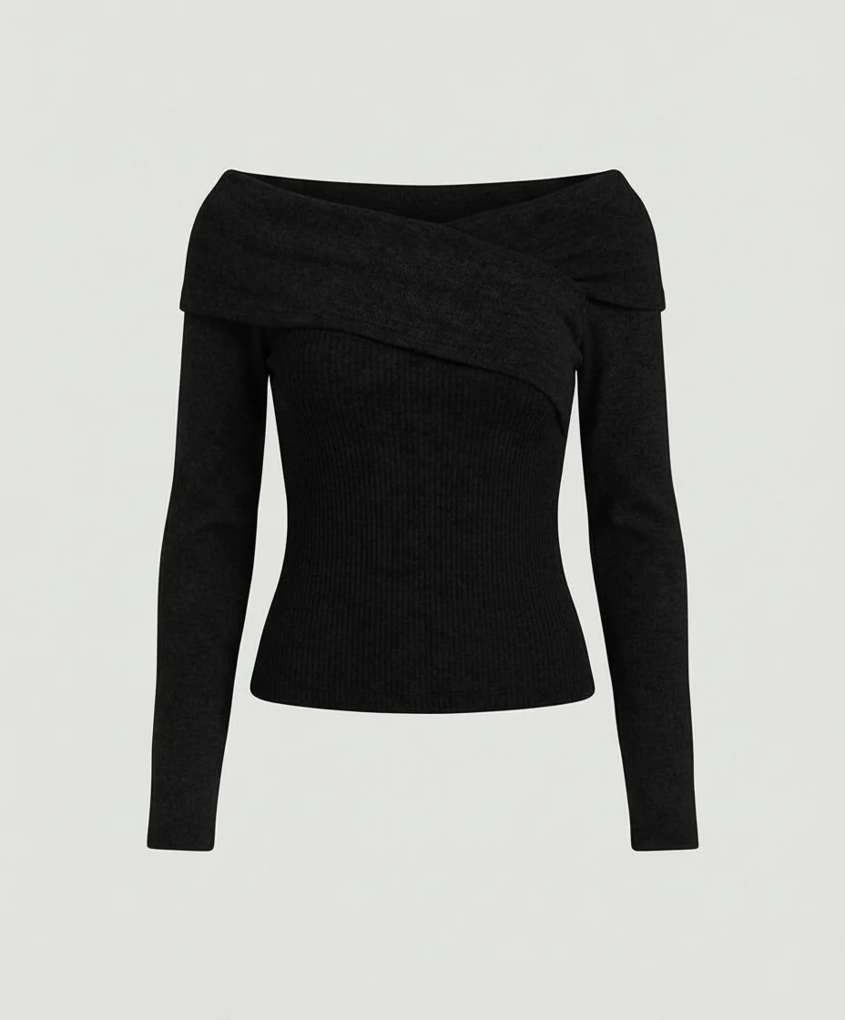 Französisches V-Ausschnitt Langarmshirt Damen Slim Fit Stretch Oberteil - Image 9