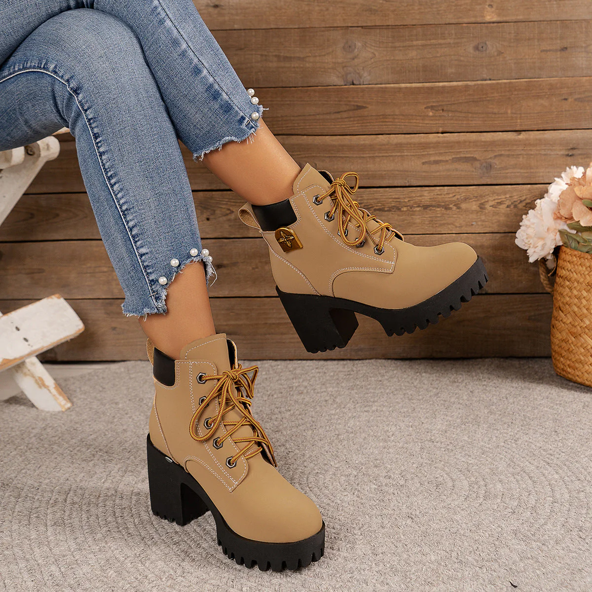 Damen Chunky Heel Combat Boots mit Robuster Sohle und Stilvollem Schnürung Heidi-Mode - Image 3