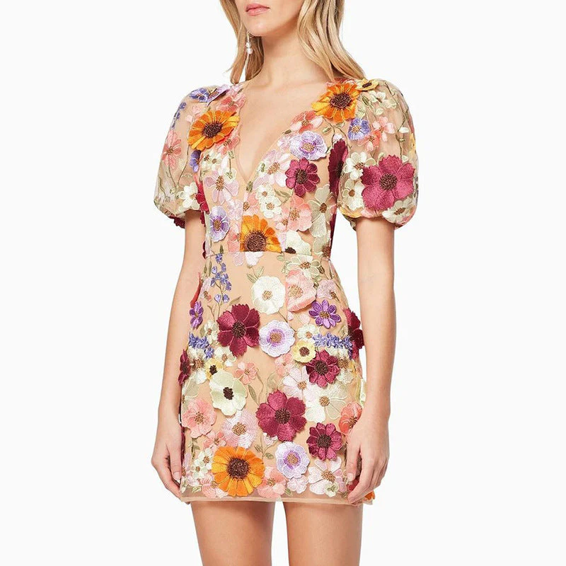 Heidi-Mode | 3D-Blumen-Bodycon-Laternenärmel-Besticktes Kleid - Image 4