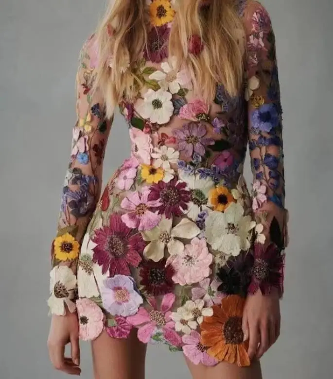 Heidi-Mode | 3D Gesticktes Mesh-Kleid mit Blumen für Damen - Image 2