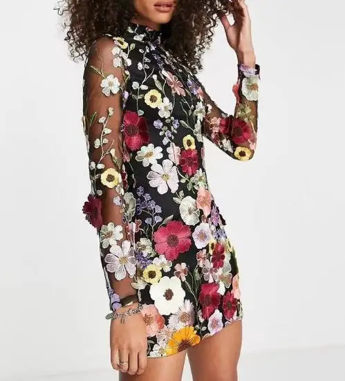 Heidi-Mode | 3D Gesticktes Mesh-Kleid mit Blumen für Damen - Image 3