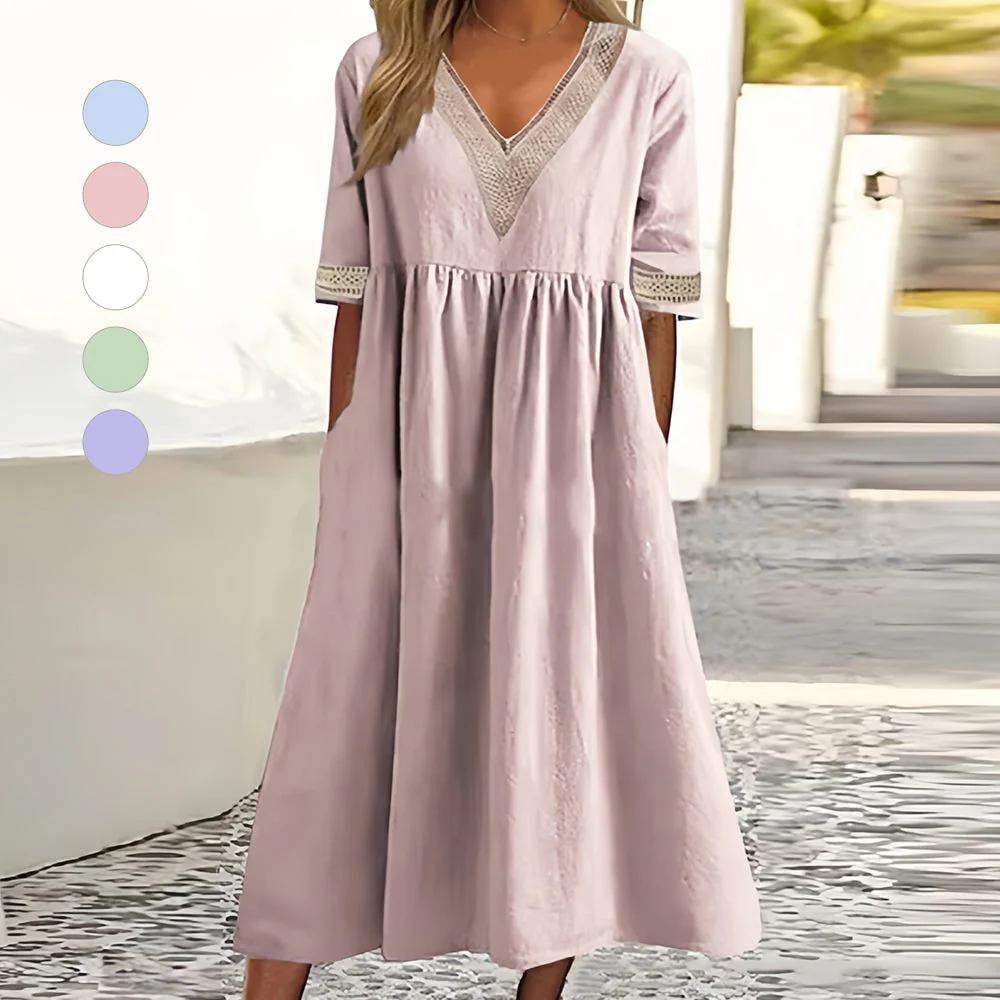 Heidi-Mode | A-Linien-Midi-Sommerkleid mit V-Ausschnitt und Kurzen Ärmeln für Damen - Image 3