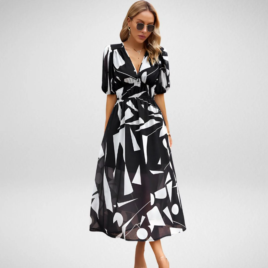 Heidi-Mode | Abstrakt Bedrucktes Maxikleid mit Puffärmeln - Image 2