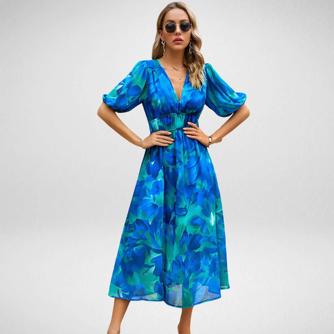 Heidi-Mode | Abstrakt Bedrucktes Maxikleid mit Puffärmeln - Image 3