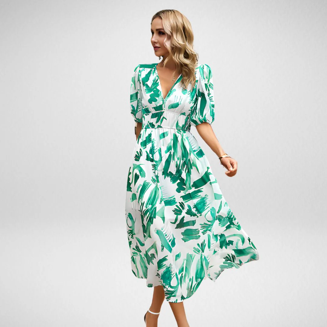 Heidi-Mode | Abstrakt Bedrucktes Maxikleid mit Puffärmeln - Image 4