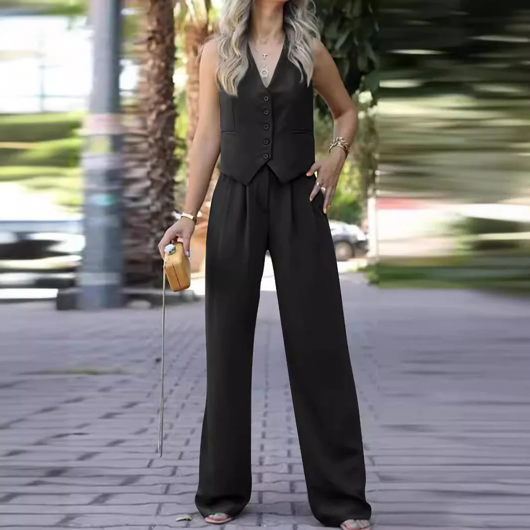 Heidi-Mode | Ärmellose V-Ausschnitt Weste mit Weitem Bein Hose Ensemble - Image 3