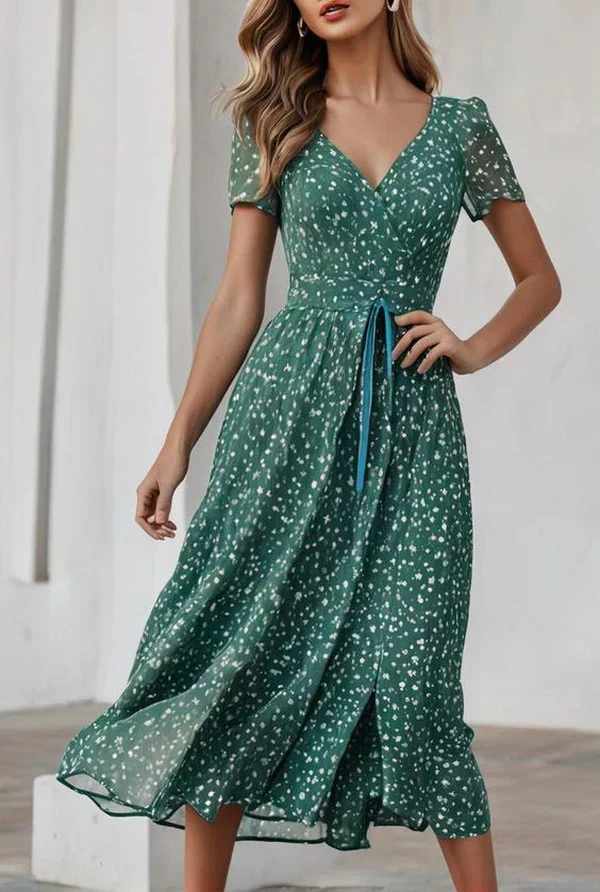 Heidi-Mode | Atemberaubendes Kurzarm Grünes V-Ausschnitt Midi-Kleid