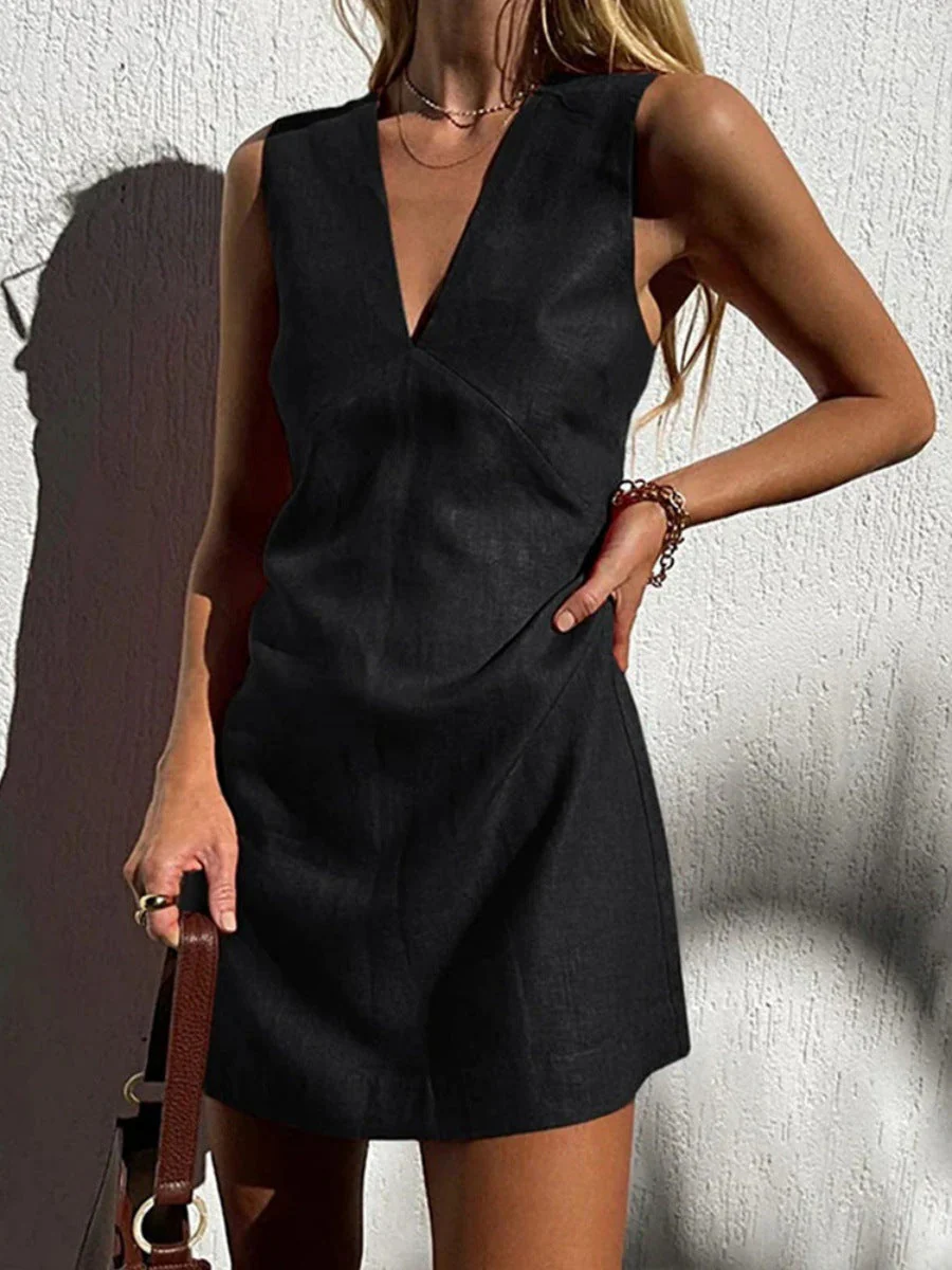 Heidi-Mode | Baumwoll-Leinen V-Ausschnitt Ärmelloses Slim Fit Tankkleid - Image 5