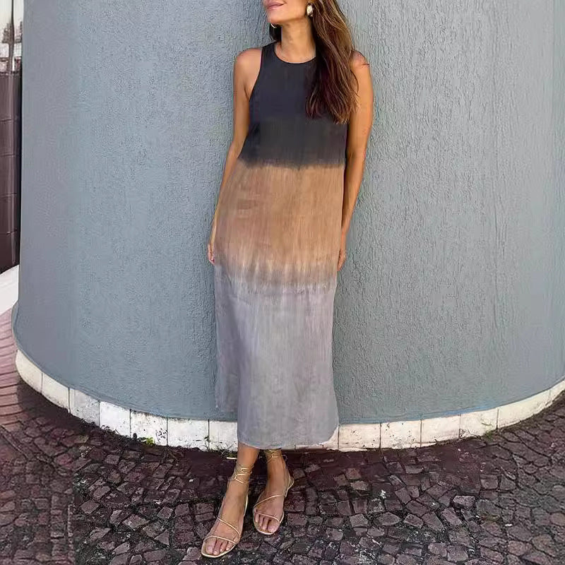 Heidi-Mode | Baumwolle Leinen Ärmelloses Schlitz Gradient Kleid