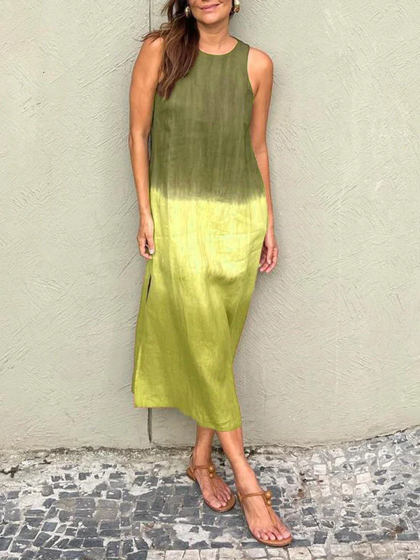 Heidi-Mode | Baumwolle Leinen Ärmelloses Schlitz Gradient Kleid - Image 8