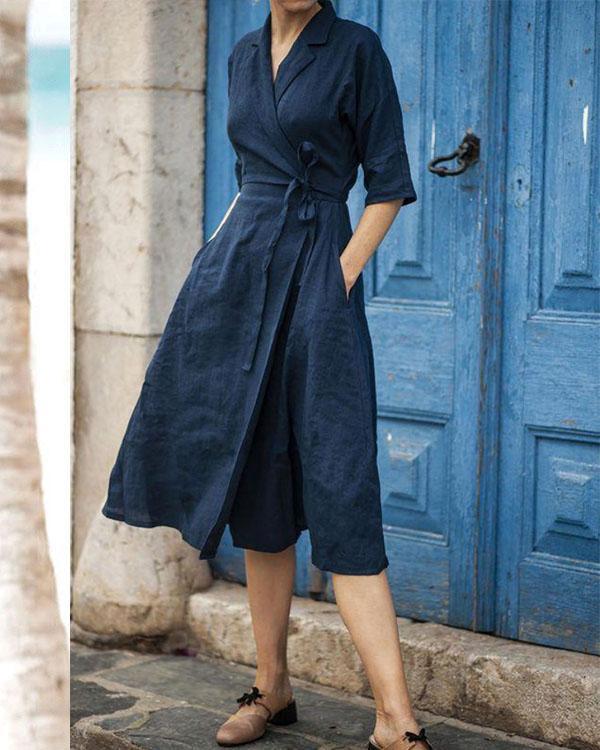 Heidi-Mode | Baumwoll-Leinen Gürtelkragen Kleid - Image 2