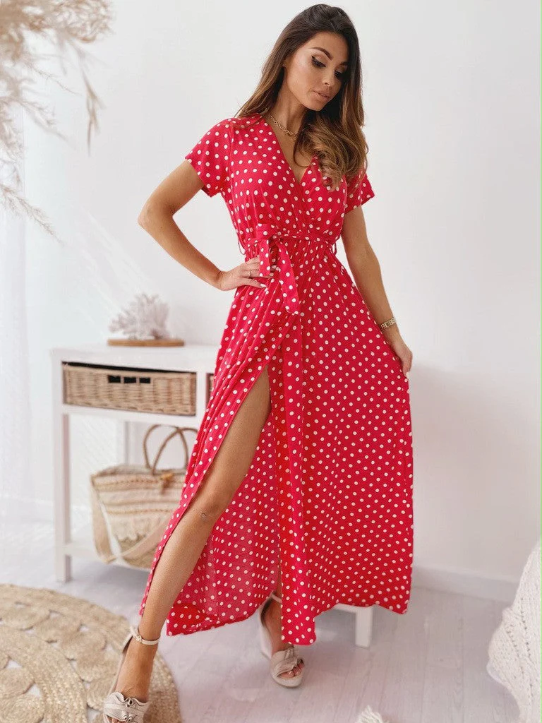 Heidi-Mode | Gedrucktes Polka-Dot-Band Taille Maxi Kleid - Image 6