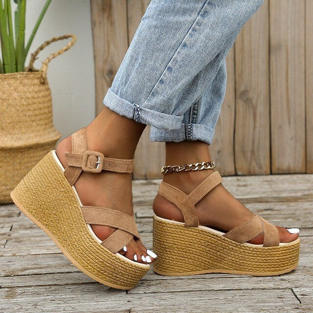 Heidi-Mode | Bequeme Trendy Keilabsatz Damen Sandalen mit Hohem Absatz