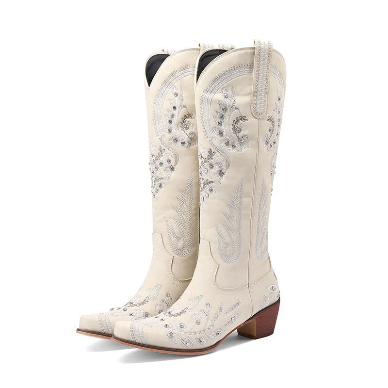 Heidi-Mode | Bestickte Western Denim Retro Damen Knielange Stiefel - Image 5