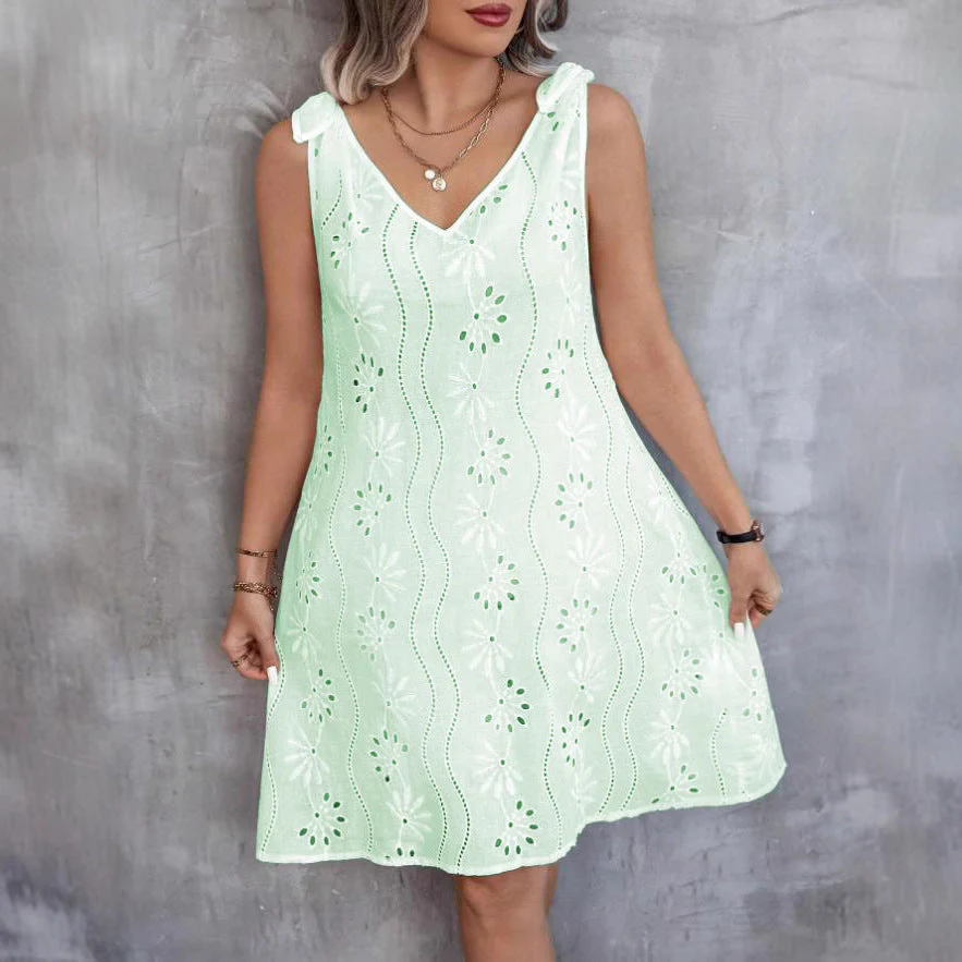 Heidi-Mode | Besticktes Hohles Schnür-Ärmelloses V-Ausschnitt Kleid - Image 4