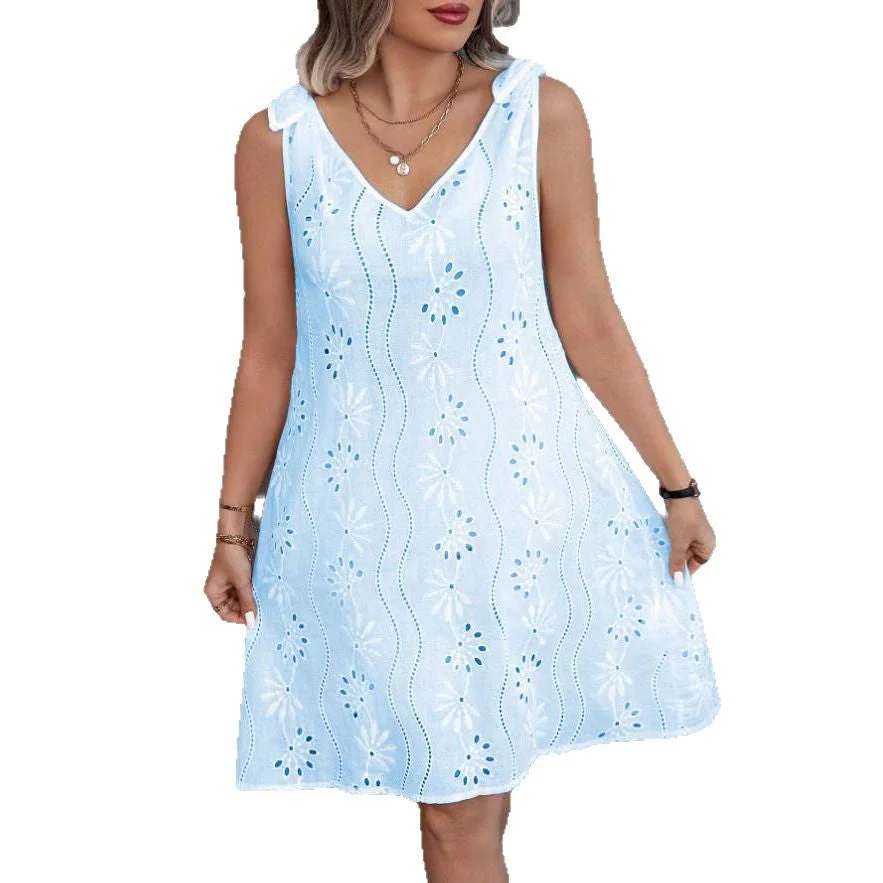 Heidi-Mode | Besticktes Hohles Schnür-Ärmelloses V-Ausschnitt Kleid - Image 5