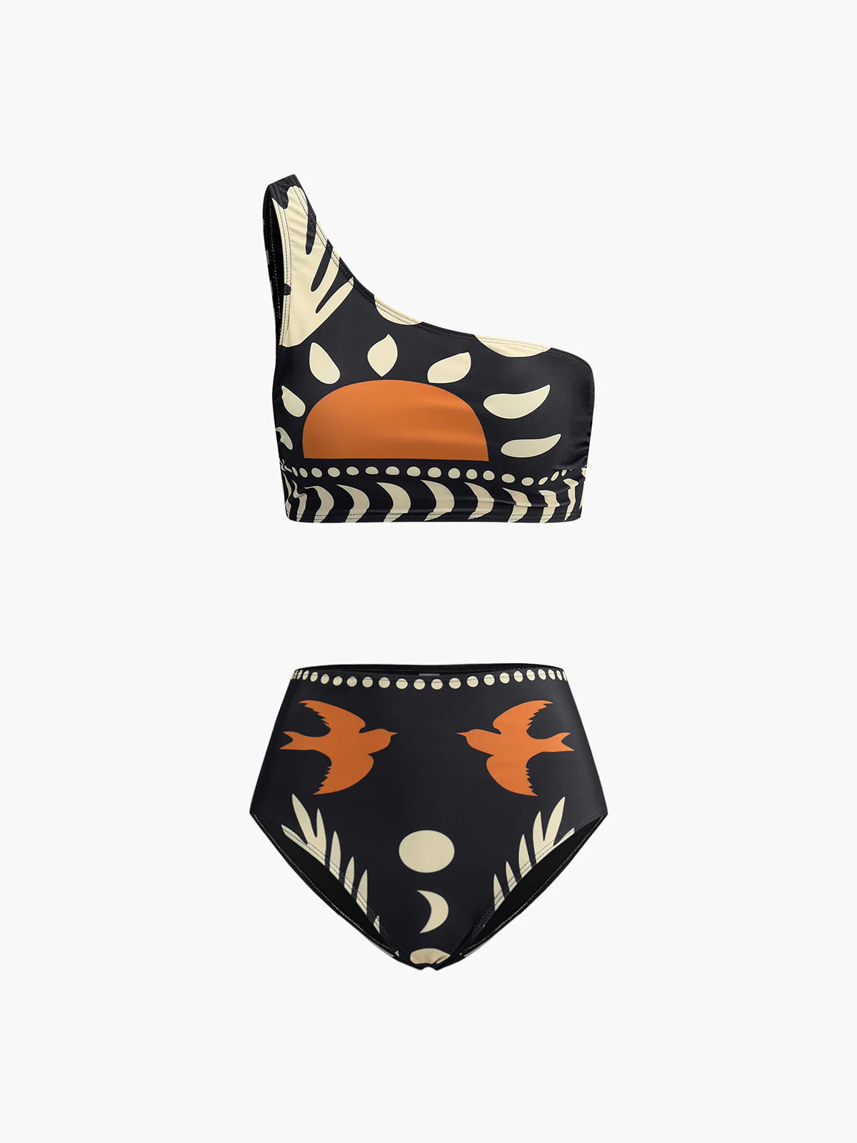 Heidi-Mode | Bikini Satz Asymmetrischer Hals Hoch Geschnitten Vogelprint Bademode - Image 6