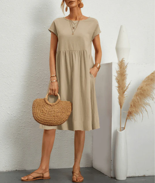 Heidi-Mode | Baumwolle Leinen Kurzarm Midi Kleid