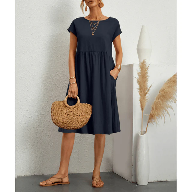 Heidi-Mode | Baumwolle Leinen Kurzarm Midi Kleid - Image 7