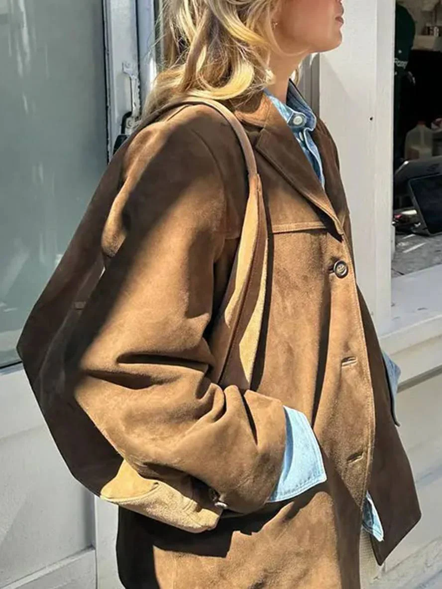 Heidi-Mode | Blazer Wildleder Knopf Taschen Lange Ärmel Damen Elegant Vintage Lässig Wildlederjacke - Image 3