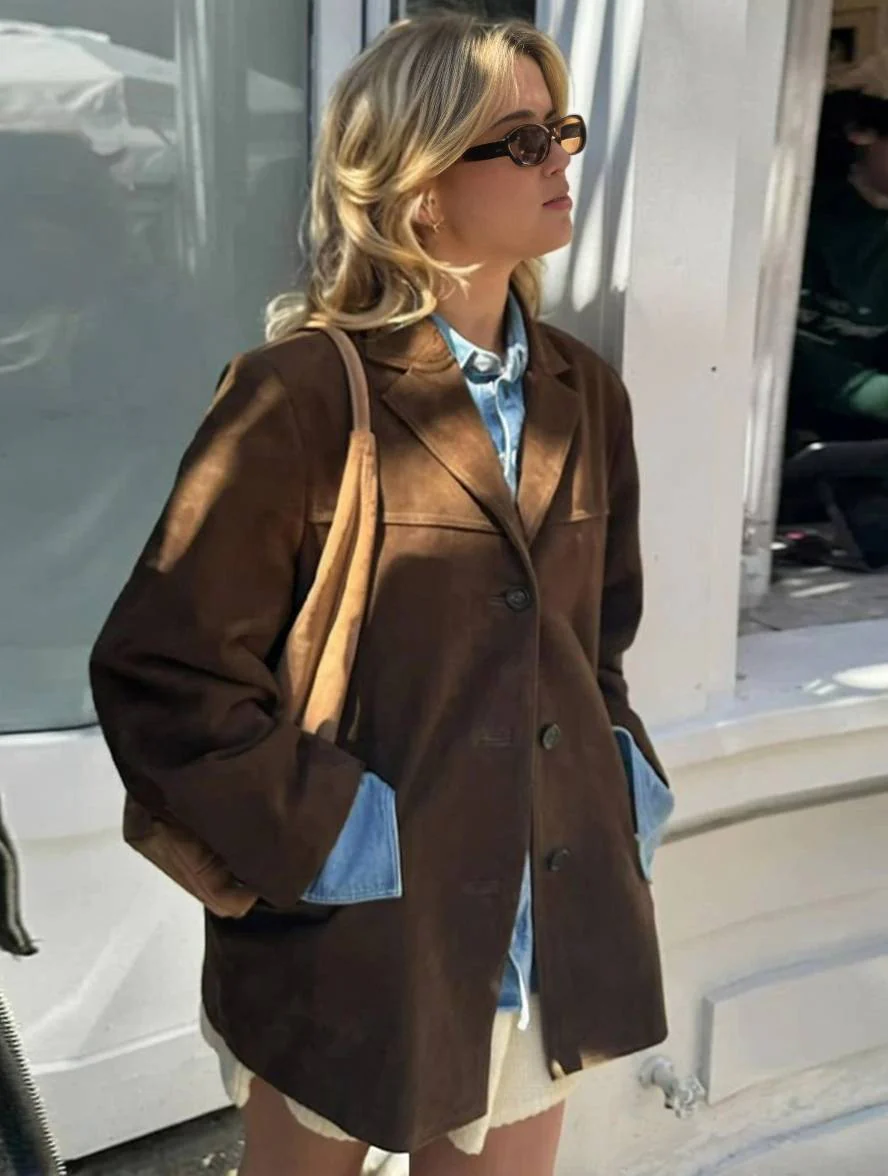 Heidi-Mode | Blazer Wildleder Knopf Taschen Lange Ärmel Damen Elegant Vintage Lässig Wildlederjacke - Image 4