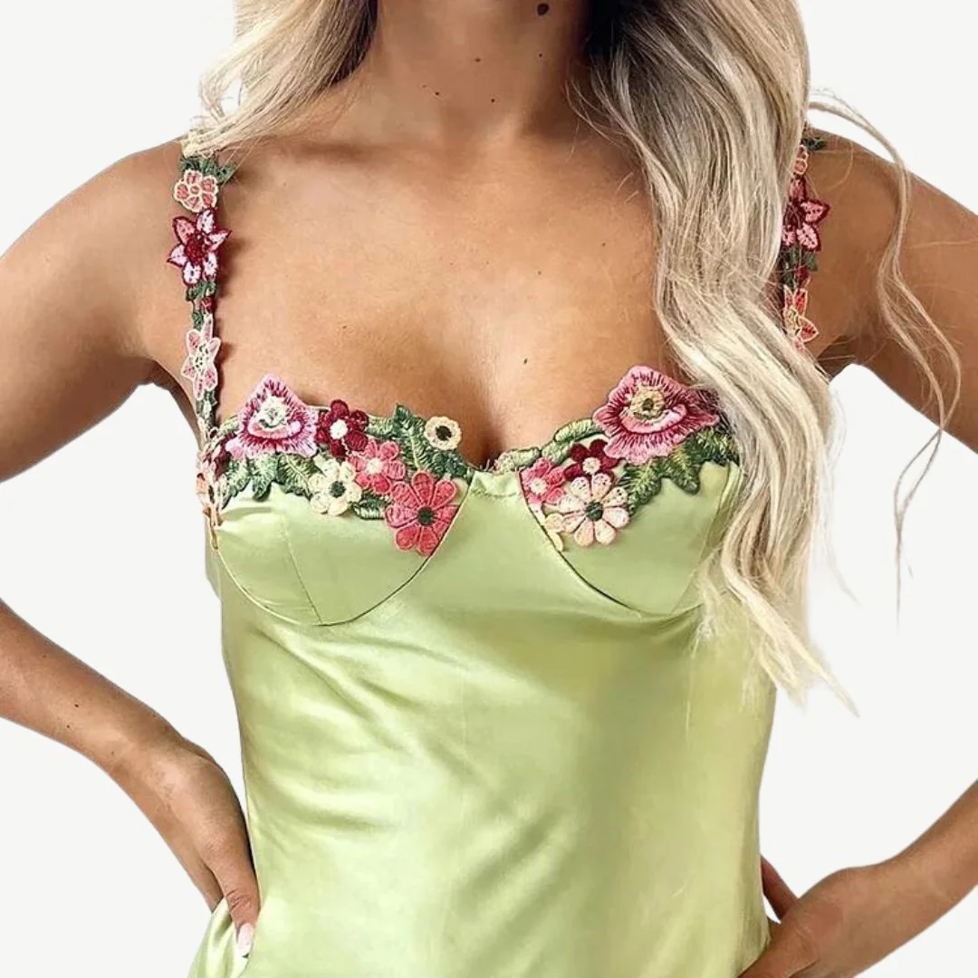 Heidi-Mode | Blume Bootsausschnitt Hoher Schlitz Satin Schlank Garten Party Slip Maxikleider - Image 11
