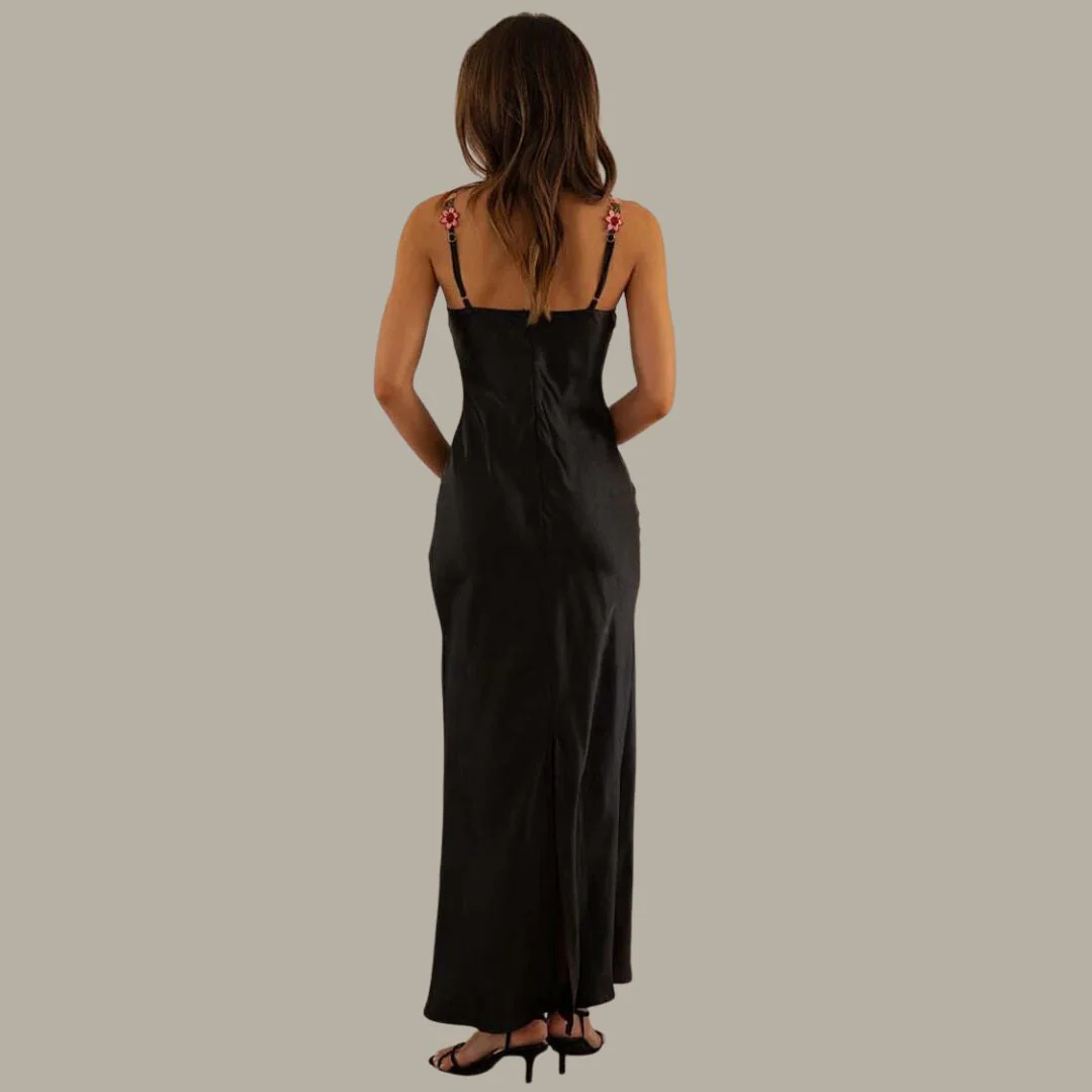 Heidi-Mode | Blume Bootsausschnitt Hoher Schlitz Satin Schlank Garten Party Slip Maxikleider - Image 17