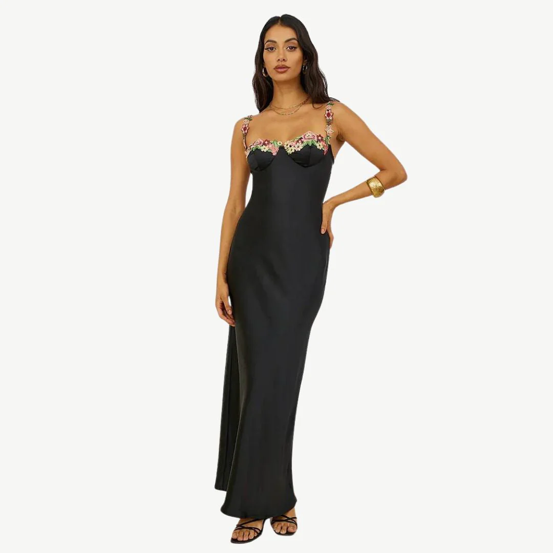 Heidi-Mode | Blume Bootsausschnitt Hoher Schlitz Satin Schlank Garten Party Slip Maxikleider - Image 19