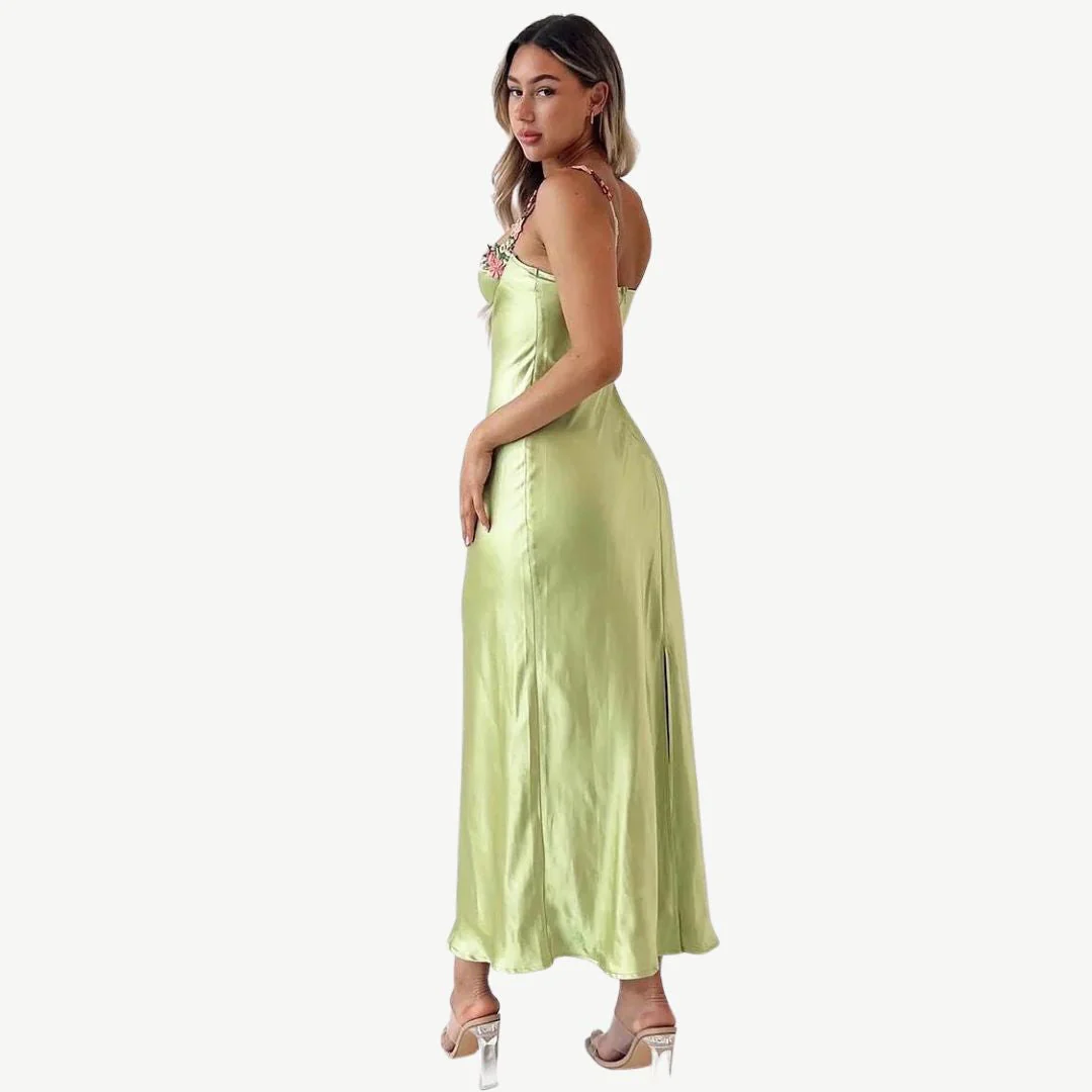Heidi-Mode | Blume Bootsausschnitt Hoher Schlitz Satin Schlank Garten Party Slip Maxikleider - Image 9