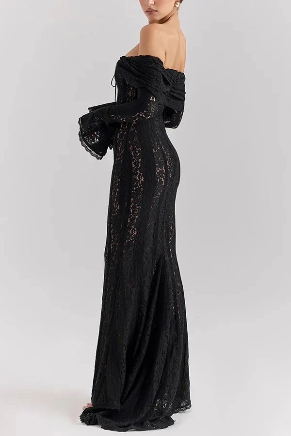 Heidi-Mode | Blumen Spitze Off Shoulder Flare Ärmel Fishtail Maxi Kleider - Weiß - Image 13