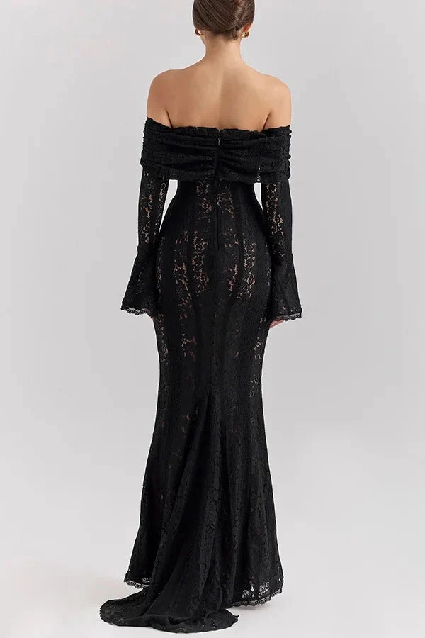 Heidi-Mode | Blumen Spitze Off Shoulder Flare Ärmel Fishtail Maxi Kleider - Weiß - Image 14