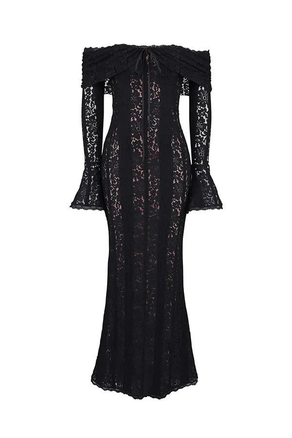 Heidi-Mode | Blumen Spitze Off Shoulder Flare Ärmel Fishtail Maxi Kleider - Weiß - Image 16