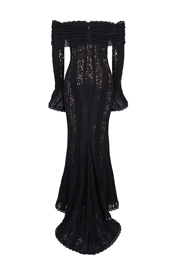 Heidi-Mode | Blumen Spitze Off Shoulder Flare Ärmel Fishtail Maxi Kleider - Weiß - Image 17