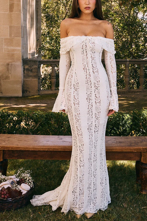 Heidi-Mode | Blumen Spitze Off Shoulder Flare Ärmel Fishtail Maxi Kleider - Weiß - Image 18