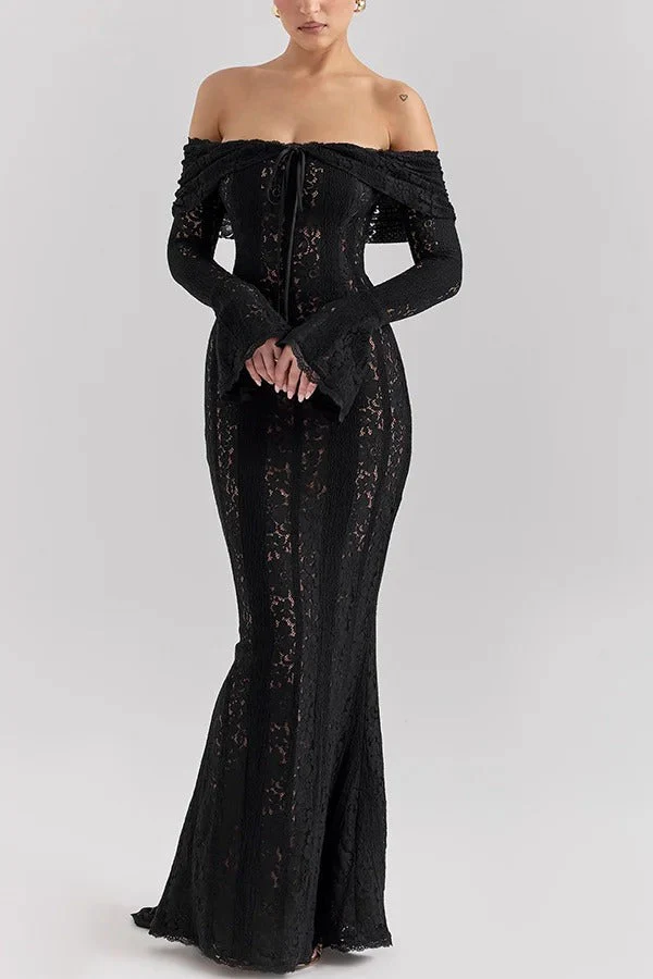 Heidi-Mode | Blumen Spitze Off Shoulder Flare Ärmel Fishtail Maxi Kleider - Weiß - Image 19