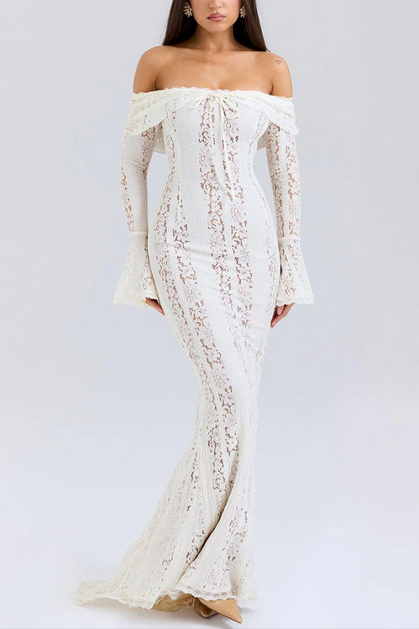 Heidi-Mode | Blumen Spitze Off Shoulder Flare Ärmel Fishtail Maxi Kleider - Weiß - Image 5